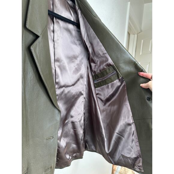 Faux Leather Green Brown Collared Front Button Blazer Jacket XL - Picture 6 of 16